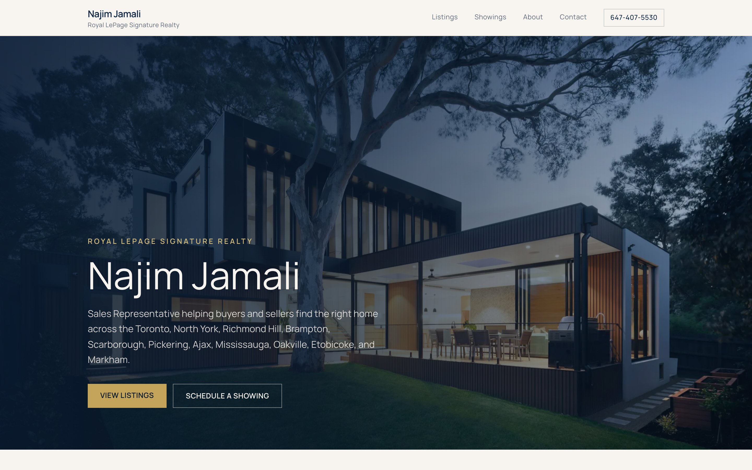 Najim Jamali realtor homepage with listings and showing CTAs